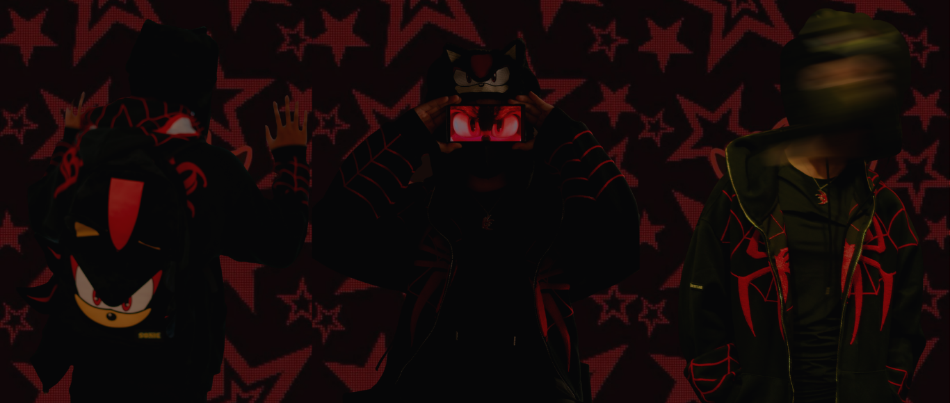Character with a helmet and red eyes against a dark background with red star patterns